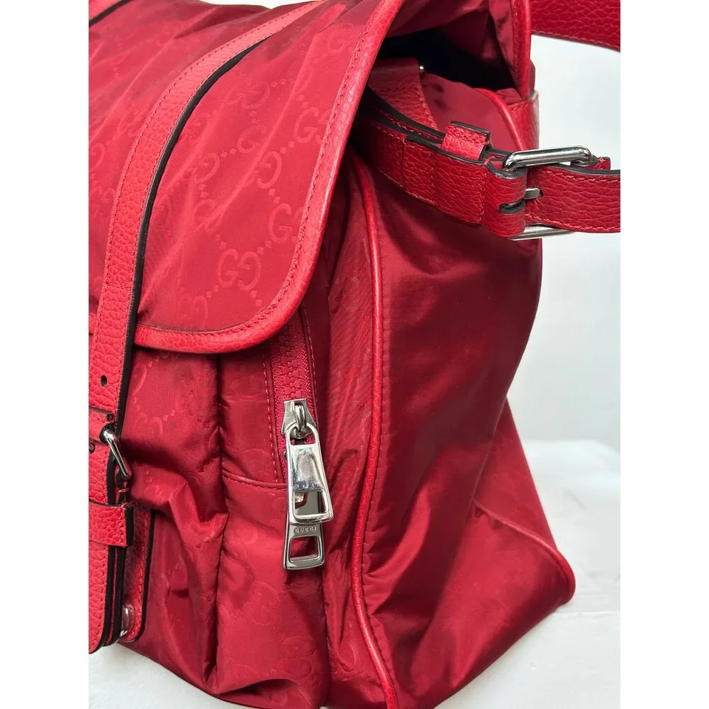 Gucci Red Nylon Monogram Double Buckle Flap Messenger Bag